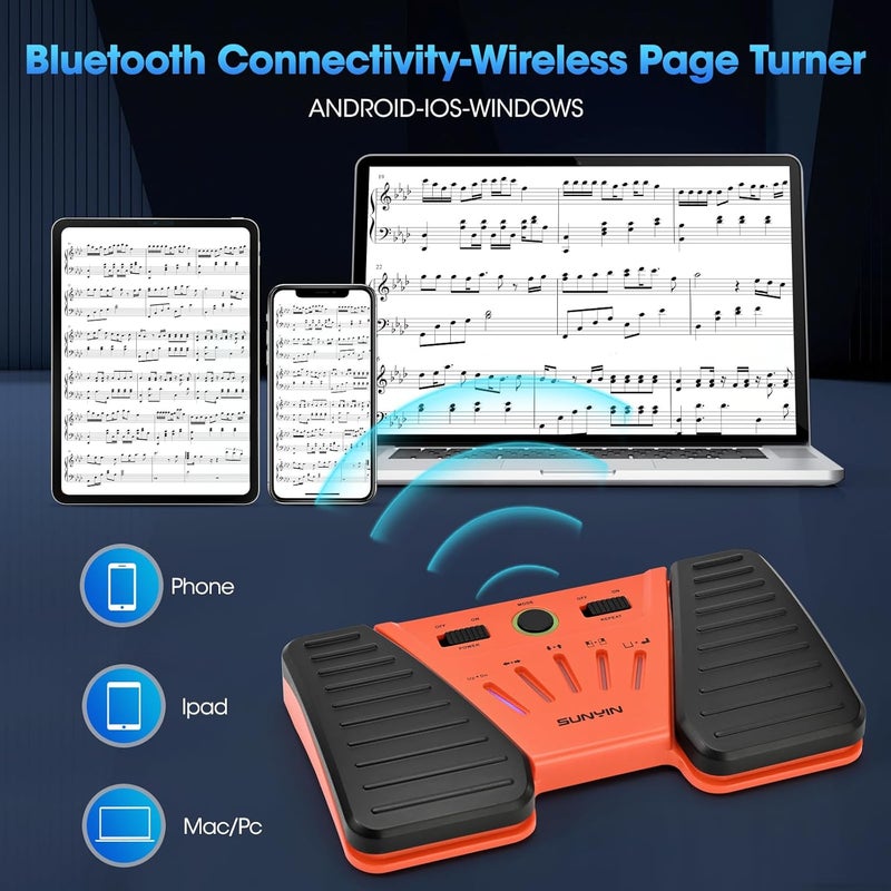 SUNYIN Wireless Page Turner Pedal Buletooth Foot Pedal Music Page Turner Pedal for Phones Ipad Tablets Phone Rechargeable（orange) - Image 3